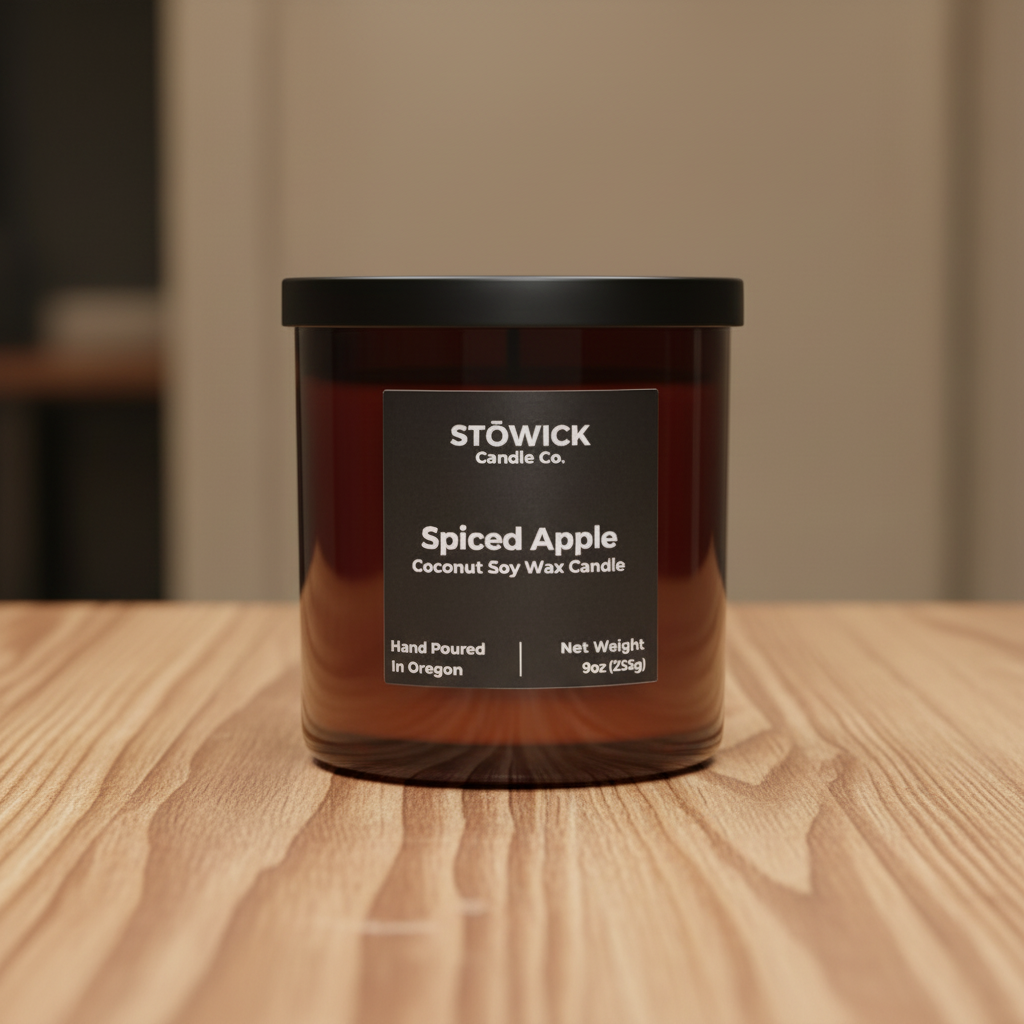 Stowick Candle Co. Spiced Apple candle on a wooden surface with a kitchen background