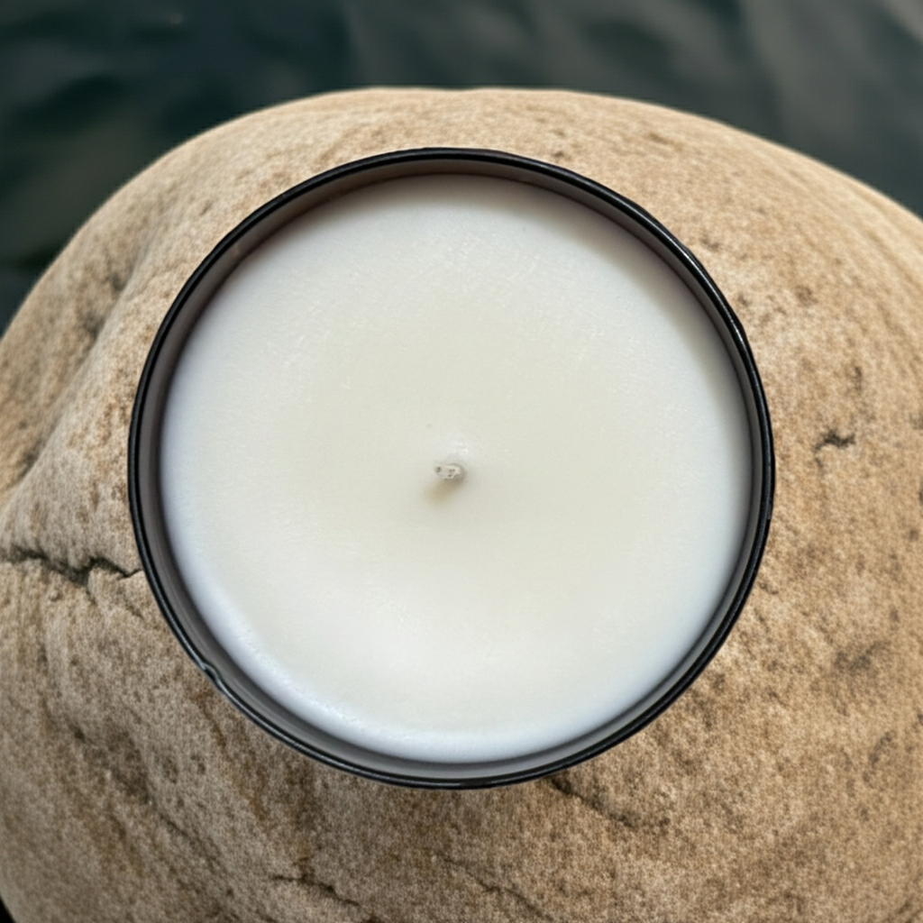 Candle in a black jar on a rock with water in the background with the Oregon trail fragrance