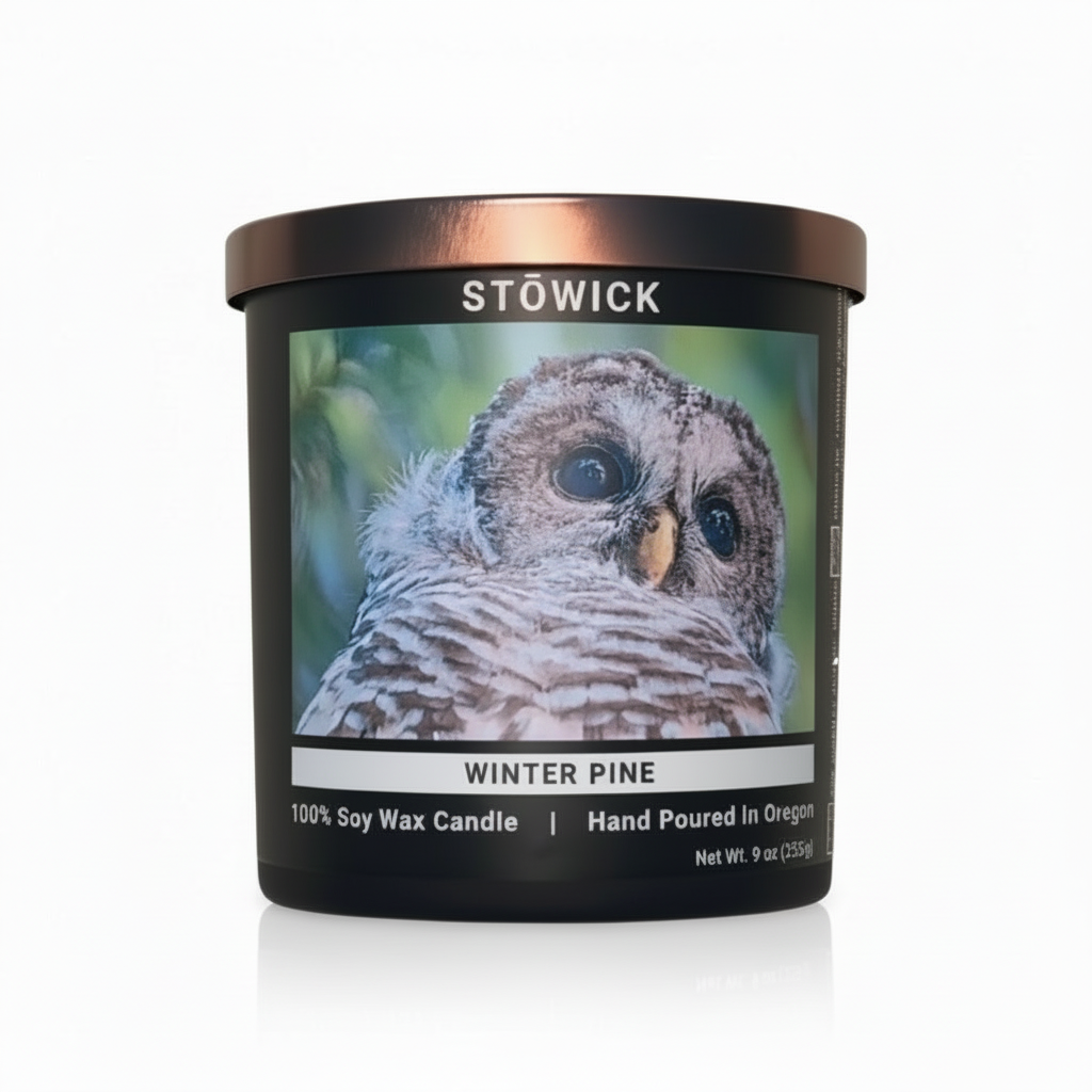 A winter pine scented tumbler candle with a barred owl on the front