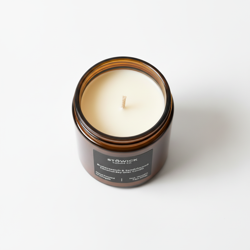 Stowick butterscotch and sandalwood scented candle in a brown jar on a white background