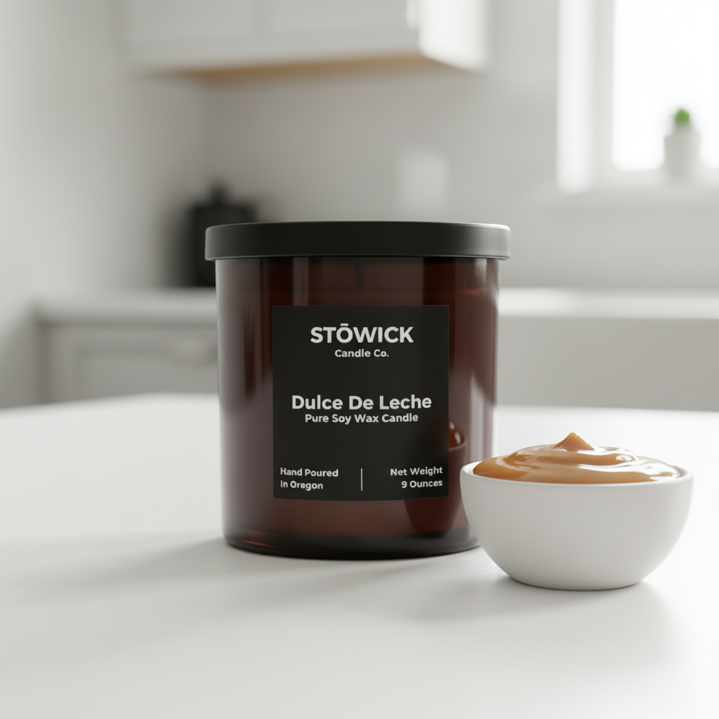 Stöwick Dulce De Leche candle on a white surface with a bowl of dulce de leche.