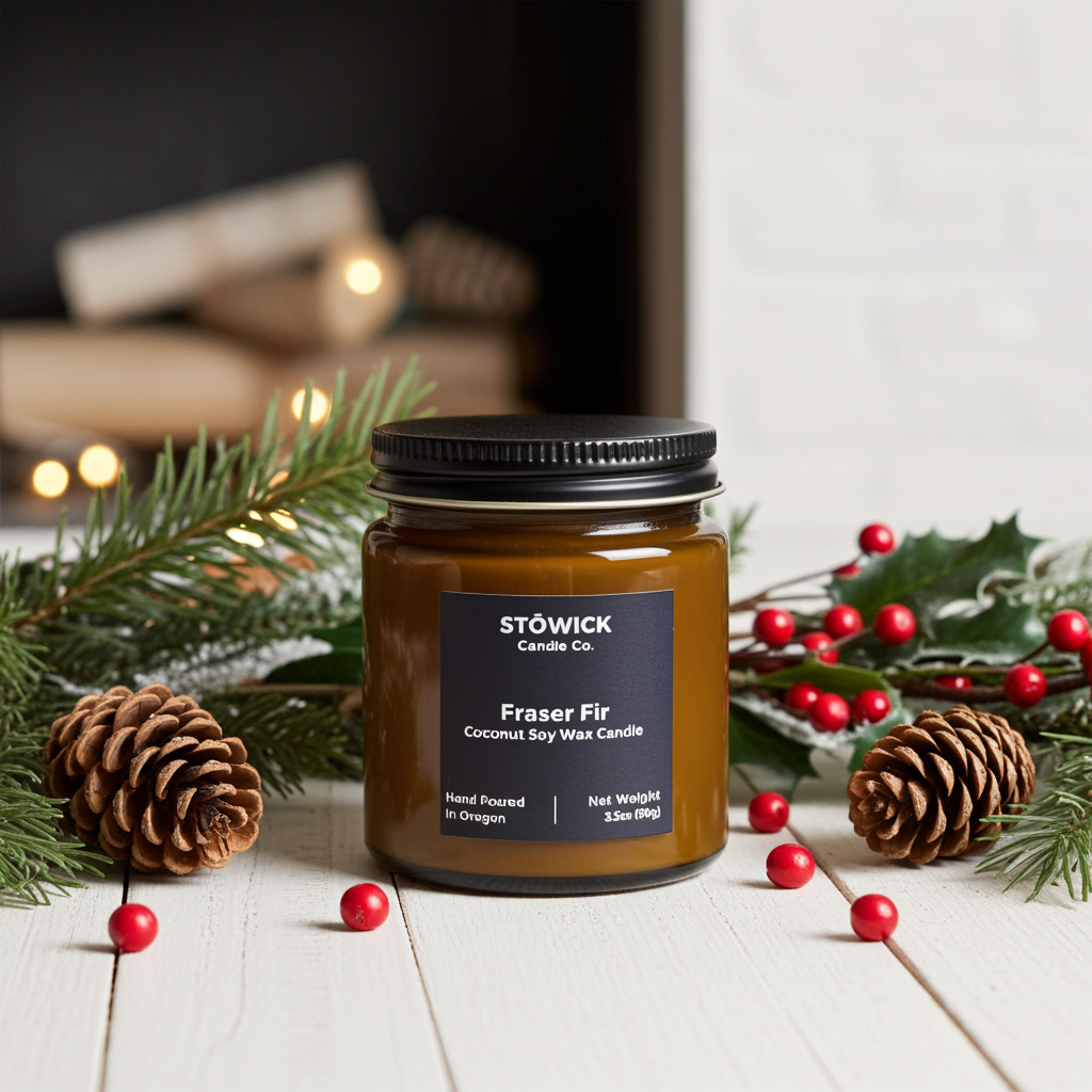 Stowick candle with Christmas decorations on a wooden surface