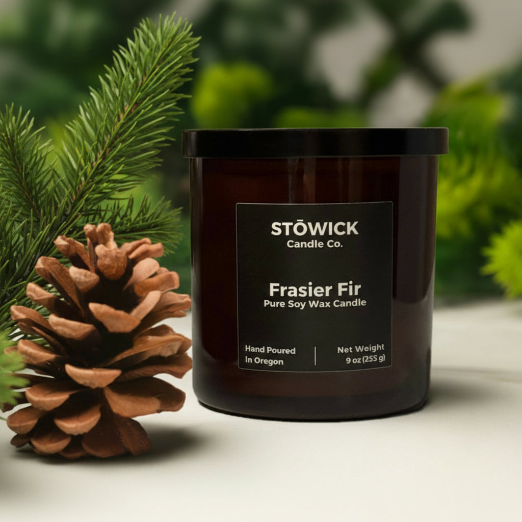 a soy wax candle with frasier fir scent in a amber jar with a black label