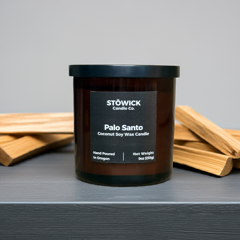 Stowick Candle Co. Palo Santo tumbler candle with wooden sticks on a gray surface