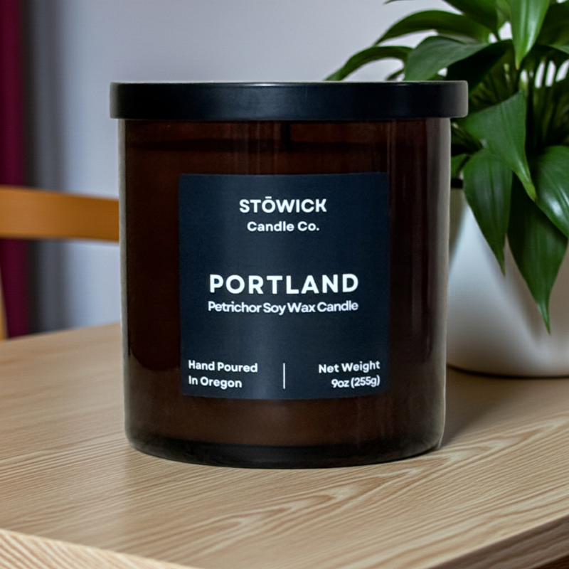 Stowick Candle Co. Portland candle on a wooden surface with a plant in the background