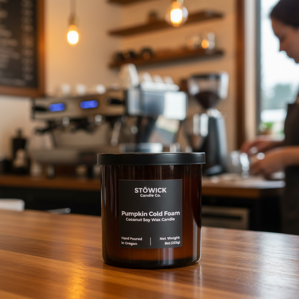 A Pumpkin Cold Foam Tumbler Candle sitting on a cafe table