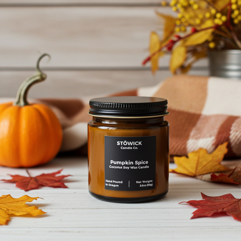 Stowick Pumpkin Spice mini candle with autumn decorations on a wooden surface