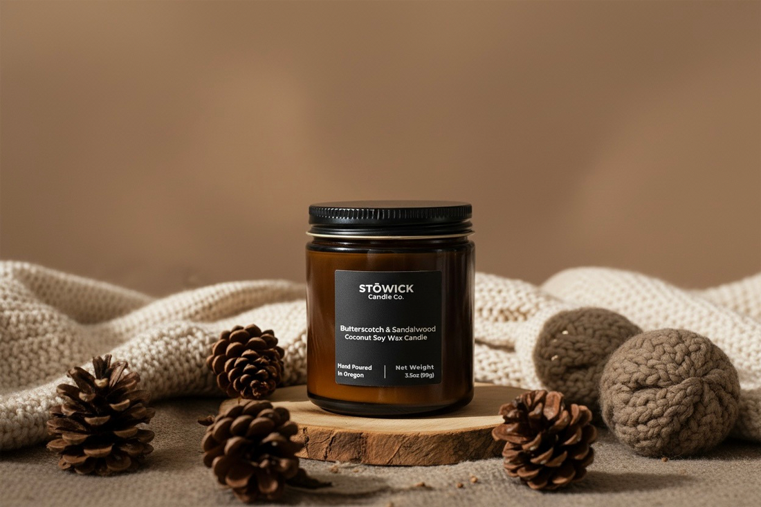 A butterscotch and sandalwood mini candle in an amber jar on Next to pinecones