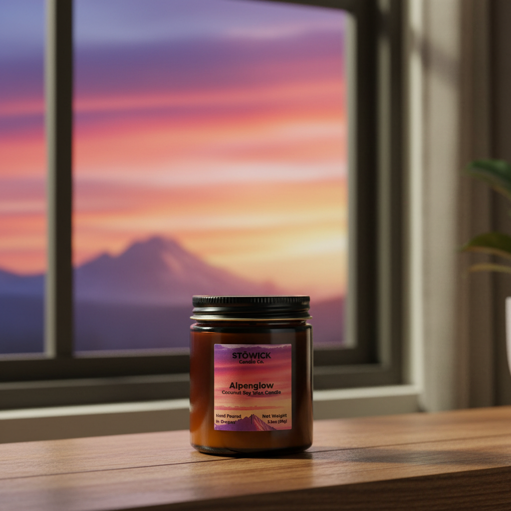 Alpenglow mini candle on a windowsill with a sunset view.