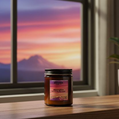 Alpenglow mini candle on a windowsill with a sunset view.