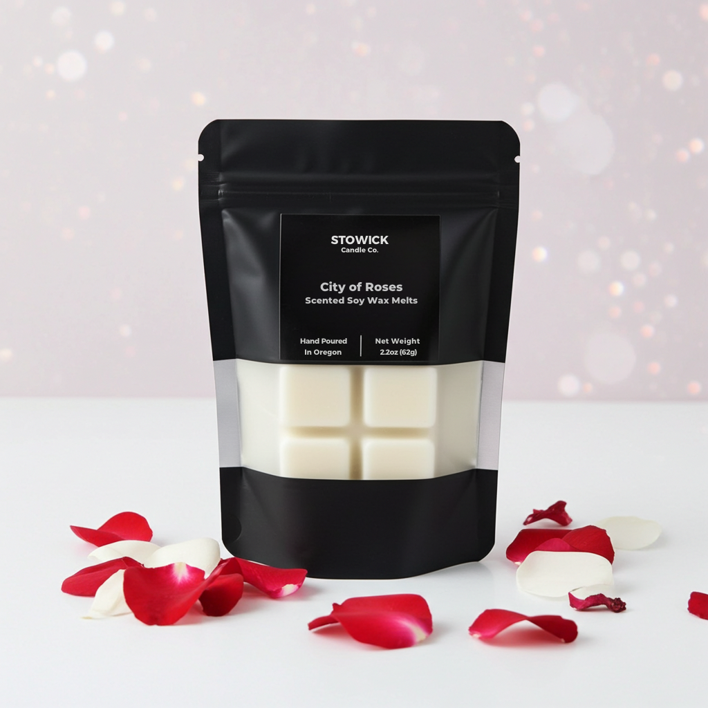 Black packaging of STOWICK City of Roses scented soy wax melts with rose petals on a light background