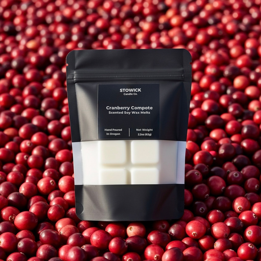 Stowick Cranberry Compote scented soy wax melts on a background of cranberries