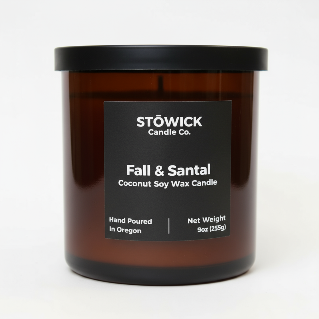 Fall and Santal tumbler candle by Stowick candles in an amber jar with a white background 