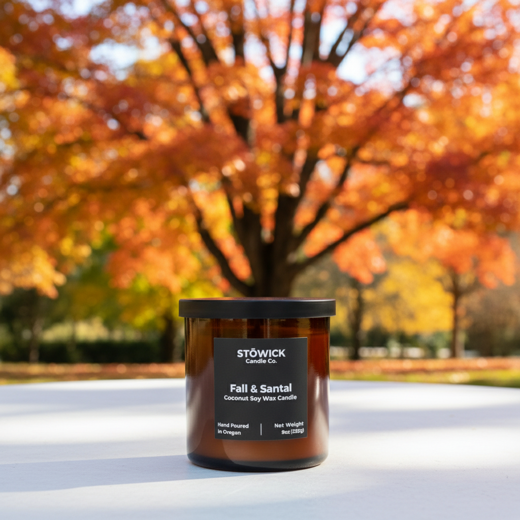 A fall and Santal scented candle on the ground outside with fall trees behind it
