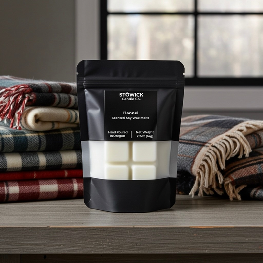 Stowick Candle Co. Flannel scented wax melts packaging with plaid blankets in the background