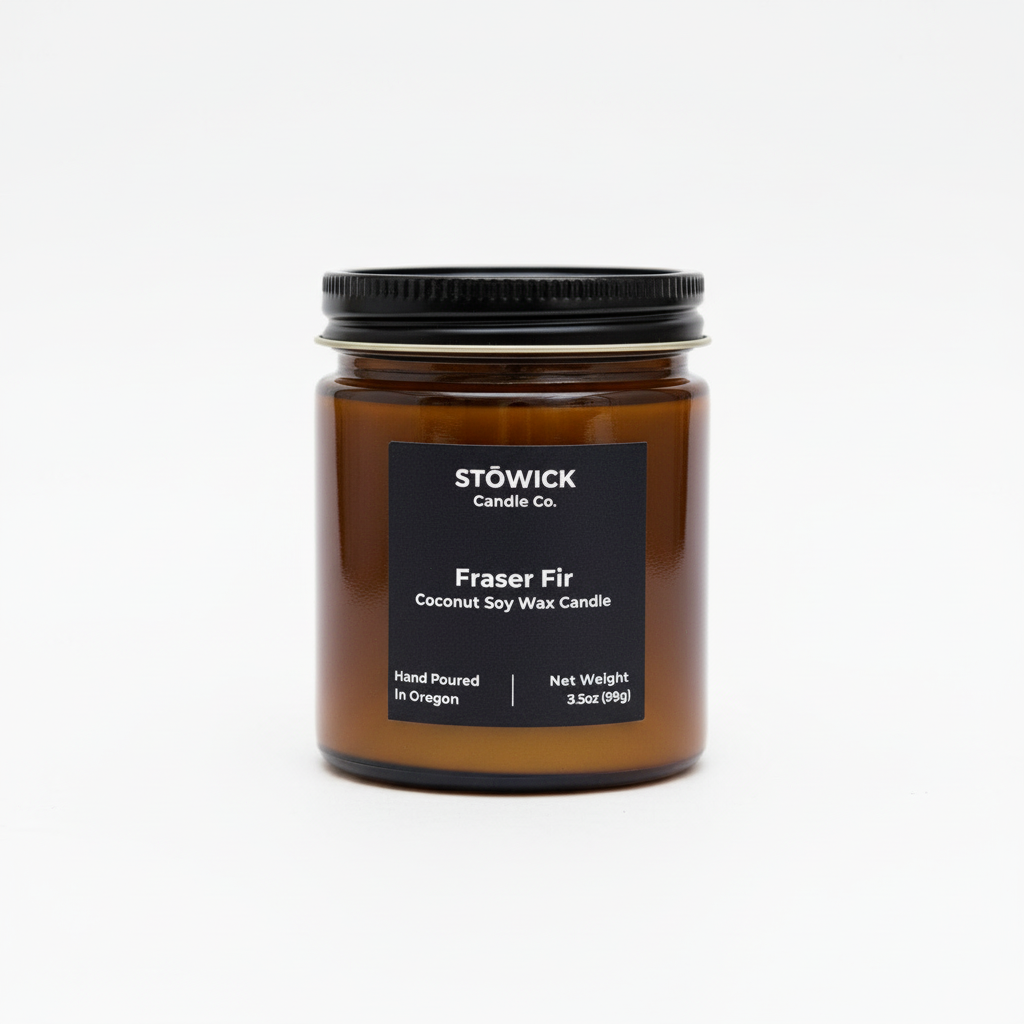 A fraser fir mini candle in an amber jar with an all white background. 