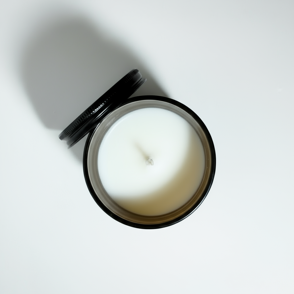 Candle in a glass jar with a black lid on a white background