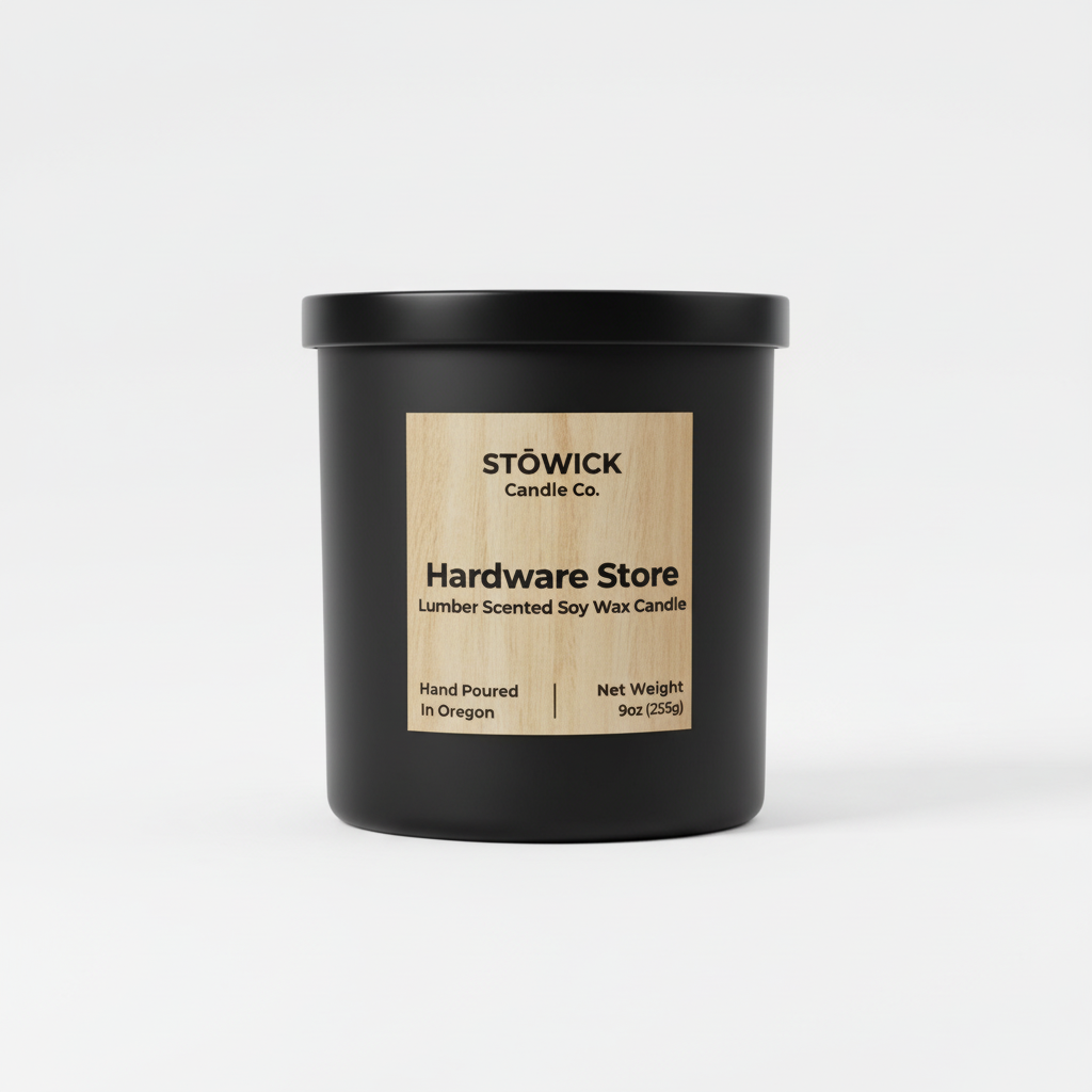 A hardware store lumber scented candle in a black jar with a white background 
