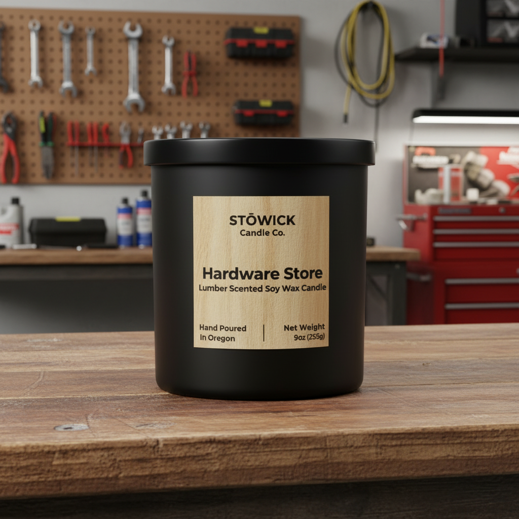 A hardware store scented tumbler candle in a black jar on top of a wood table