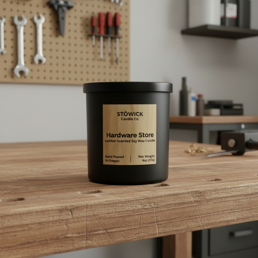A hardware store tumbler candle with lumber fragrance 