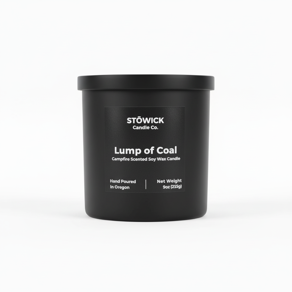 A lump of coal scented tumbler candle in a black jar with a black label and white background 