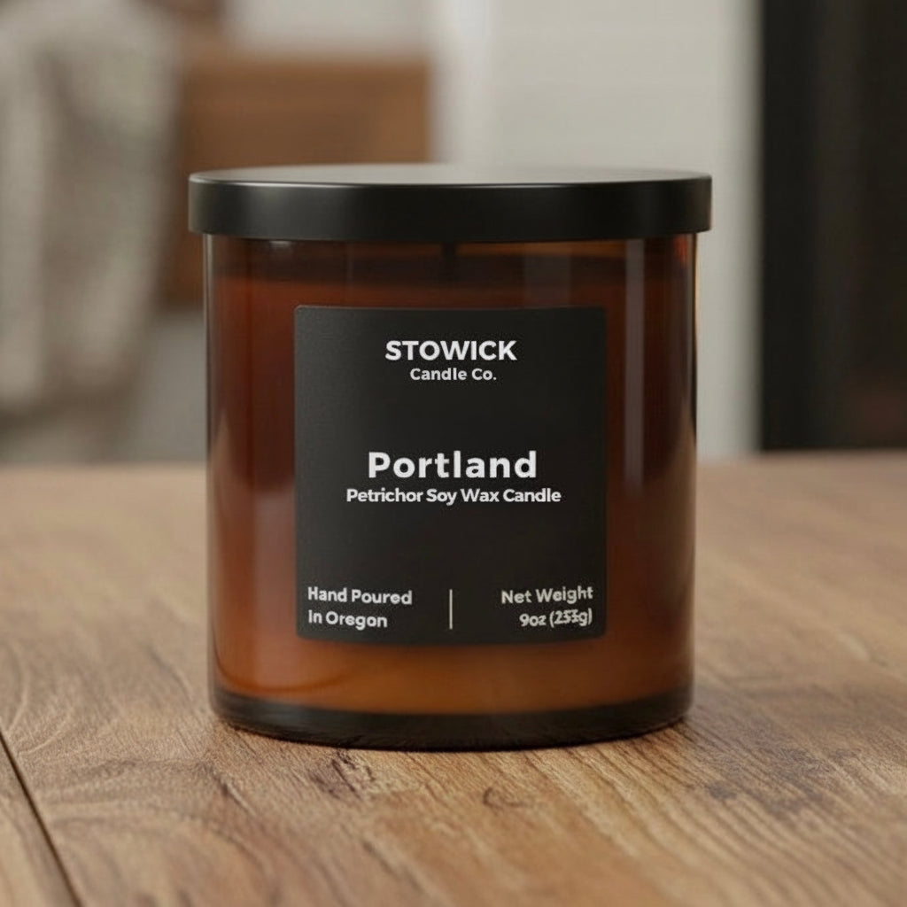 A Portland scented tumbler candle in an amber jar on a wood surface with a black lid 