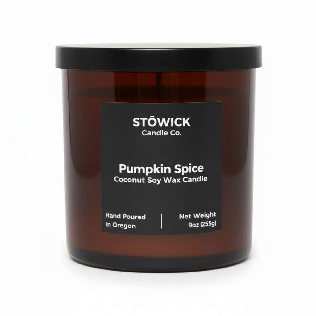 A pumpkin spice tumbler candle in an amber jar with a black label and an all white background 