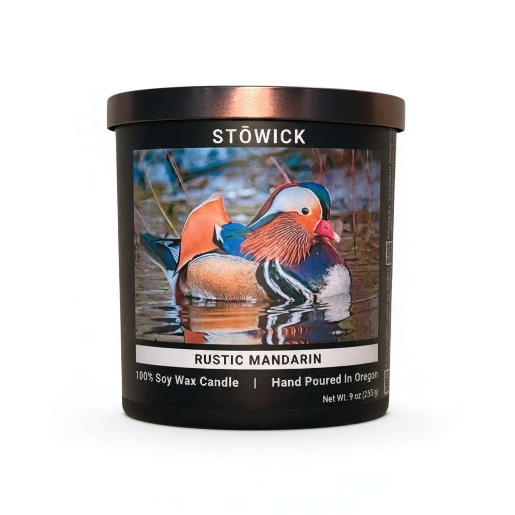Rustic mandarin candle with a mandarin duck on the jar