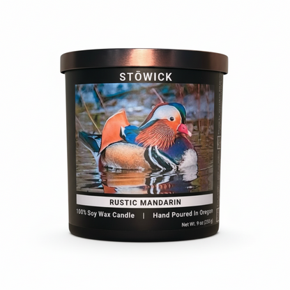 Rustic mandarin candle with a mandarin duck on the jar
