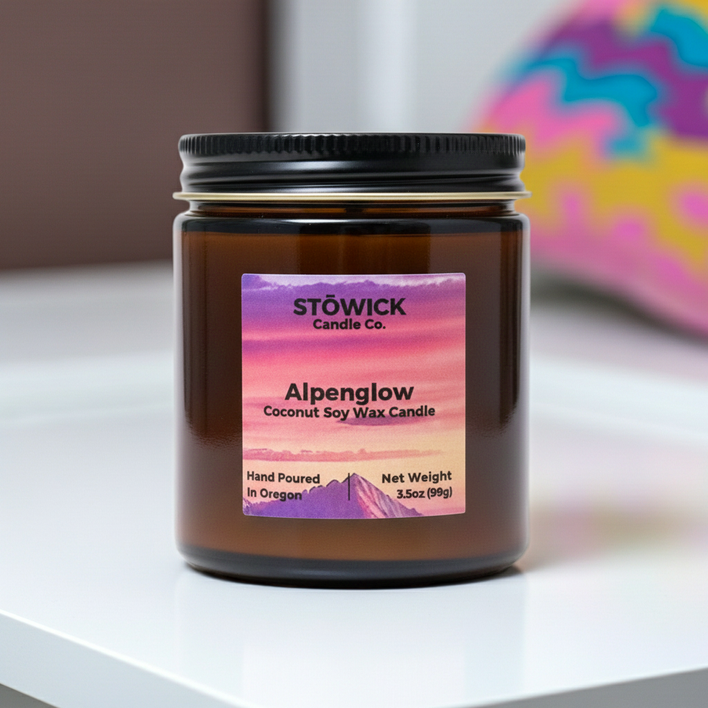 Stowick Candle Co. Alpenglow mini candle on a white surface with a colorful abstract background