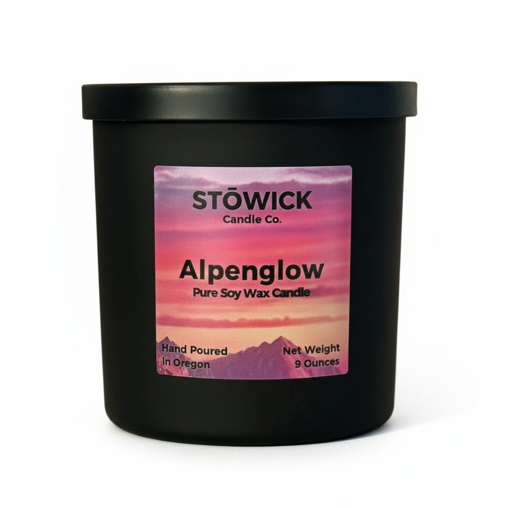 Black candle jar with 'Alpenglow' label on a white background