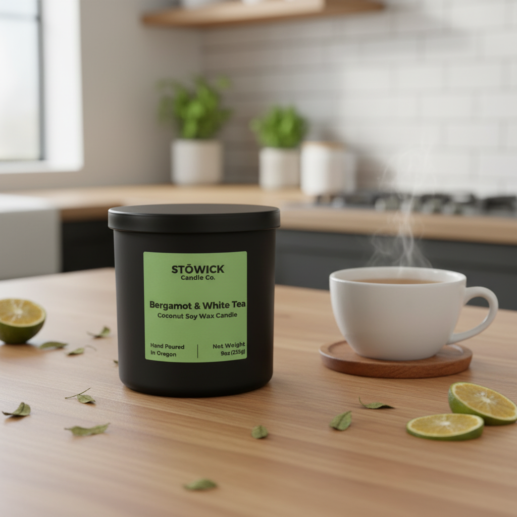 A bergamot and white tea candle on a counter next to a cup of tea