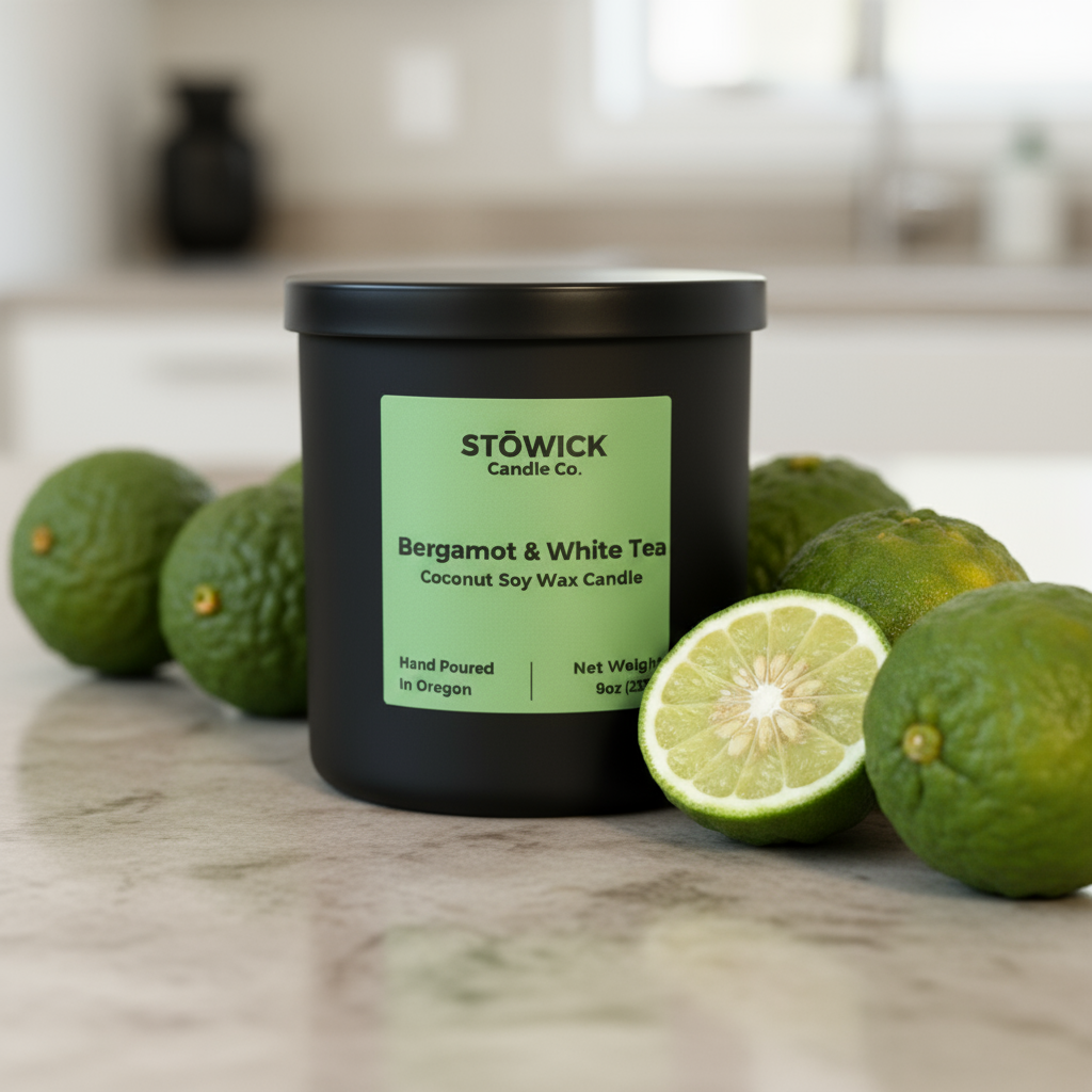 A bergamot and white tea tumbler candle on a counter top next to bergamot