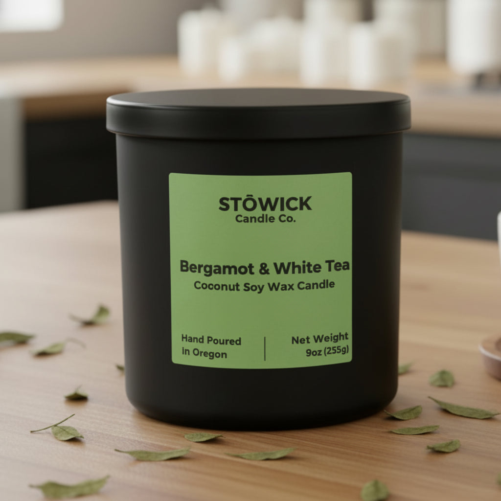 A bergamot and white tea tumbler candle on a kitchen counter