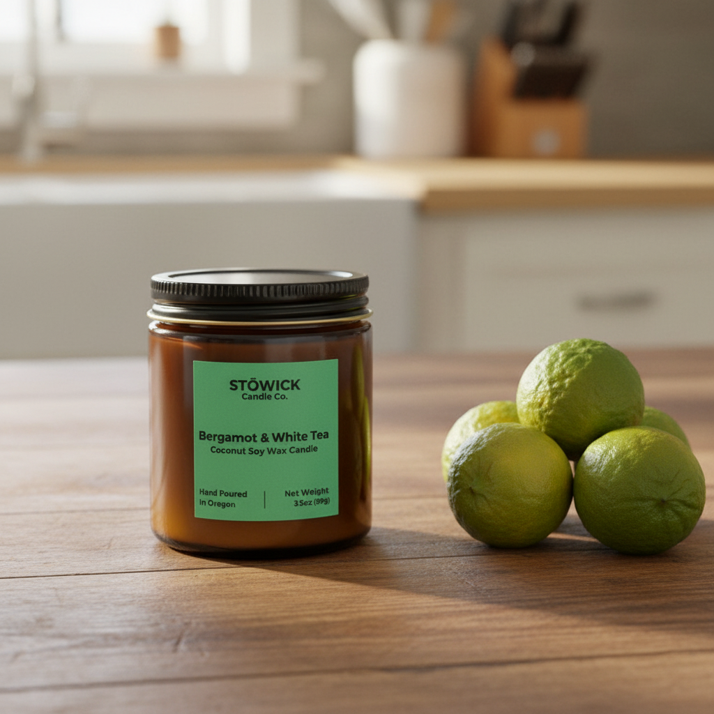 Stowick candle Bergamot & White Tea mini candle on a wooden surface with bergamot 