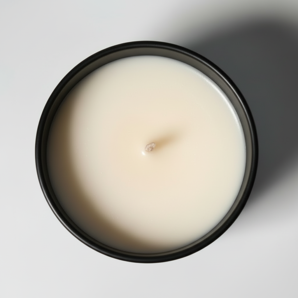 Above view of a bergamot and white tea tumbler candle in a black container on a white background