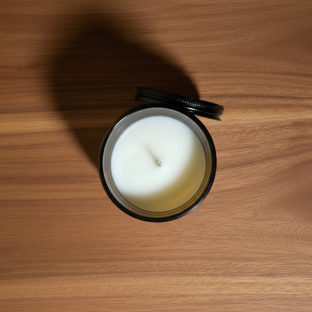 A Birds Eye view of a butterscotch sandalwood mini candle with white wax on a sandalwood table 