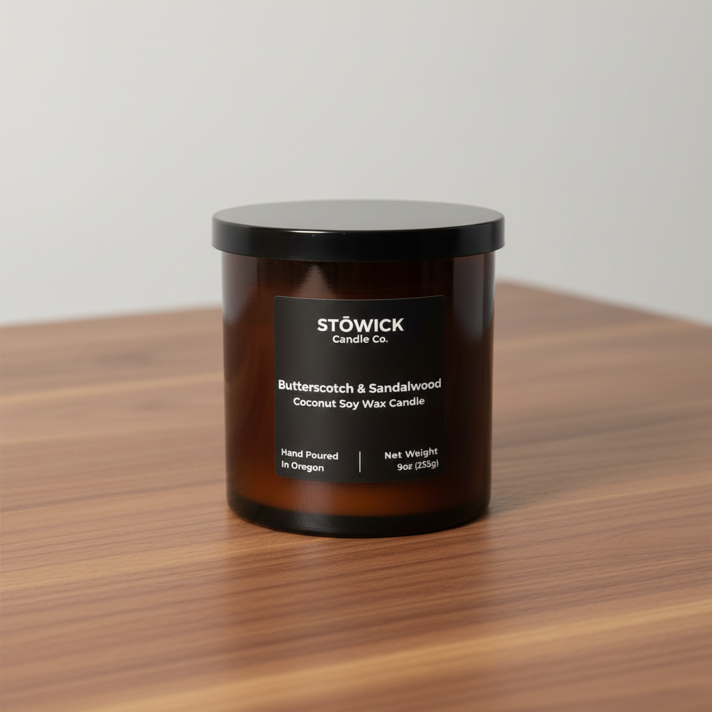 A butterscotch and sandalwood tumbler candle sitting on a sandalwood table