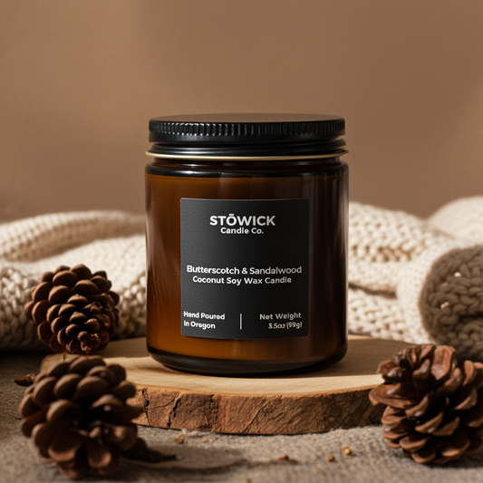 Butterscotch and sandalwood mini candle with pinecones on a wooden surface in an amber jar