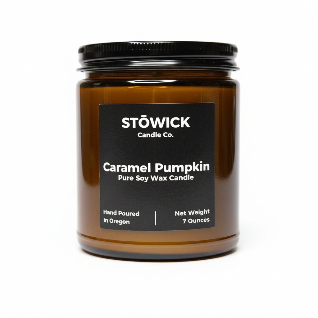 A caramel pumpkin scented candle in an amber jar with a black lid against a white background 