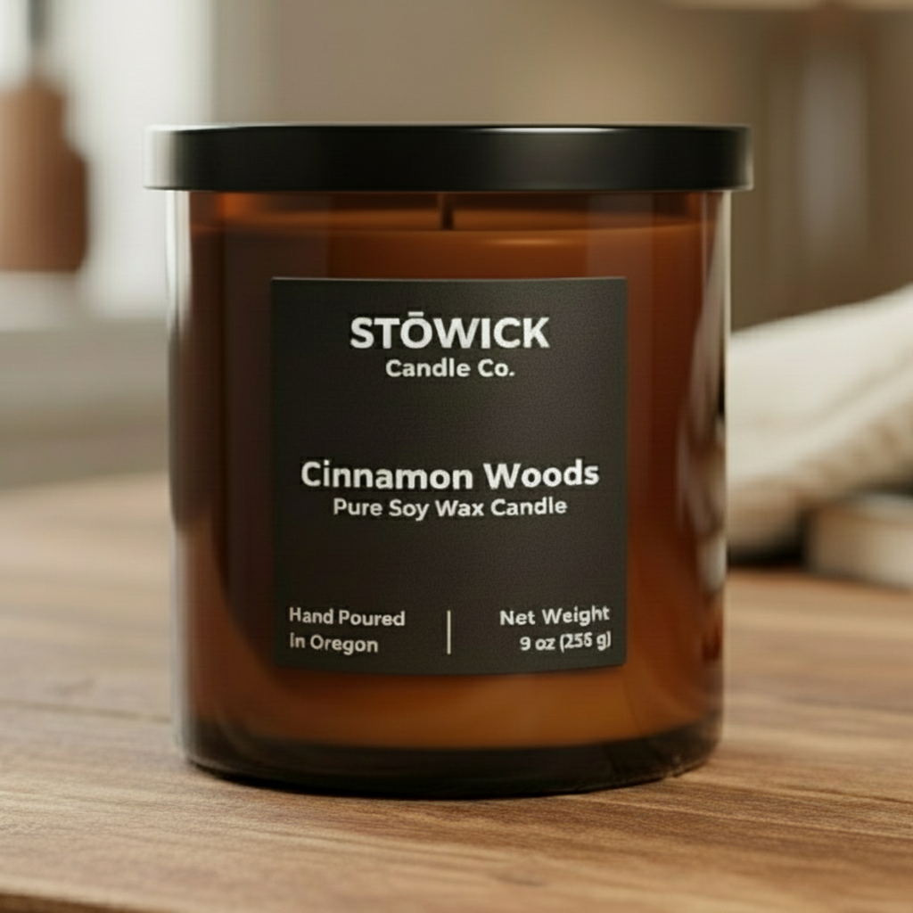 Stowick Candle Co. cinnamon woods candle on a wooden surface with a cozy background.