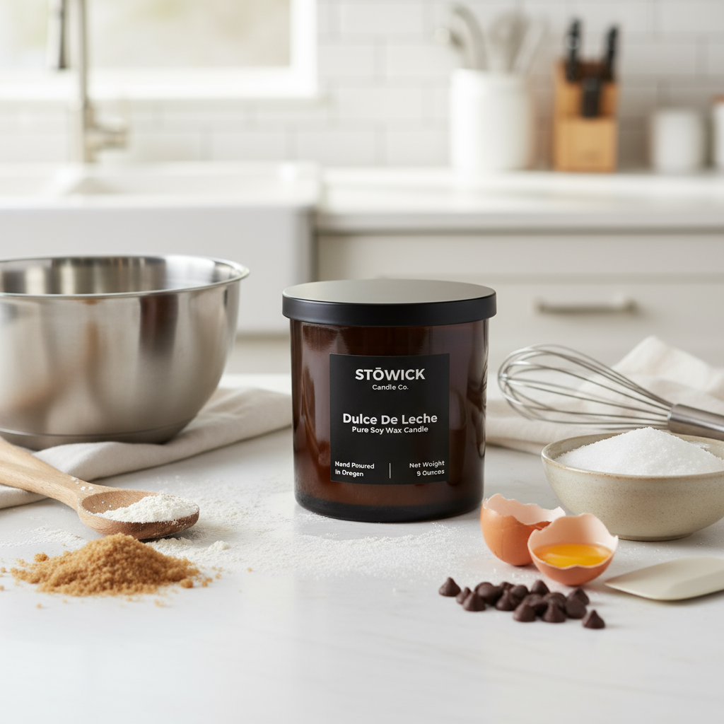 A dulce de leche tumbler candle on a kitchen counter with baking ingredients and utensils.