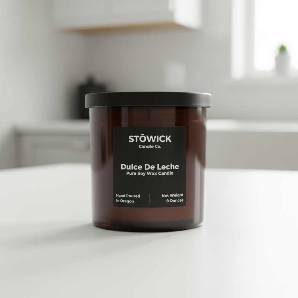 dulce de leche tumbler candle with a black label in an amber jar on a white surface