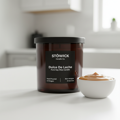Stöwick Dulce De Leche candle on a white surface with a bowl of dulce de leche.