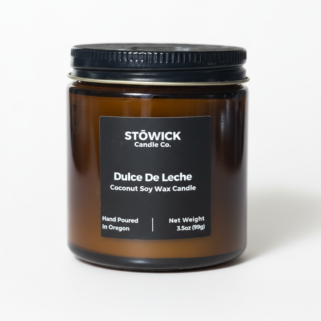 A dulce de leche mini candle in an amber jar with a white background and black label 