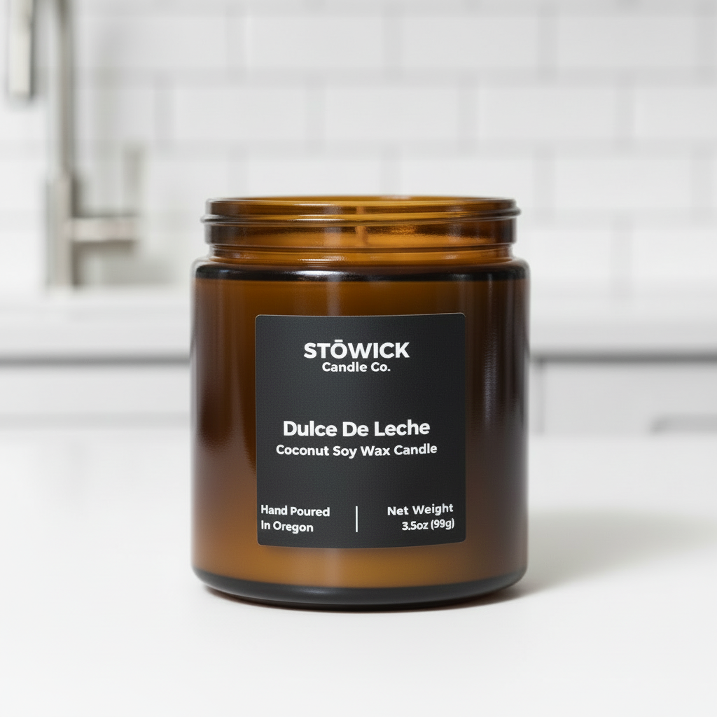 A dulce de leche mini candle in an amber jar with the lid removed against a white background