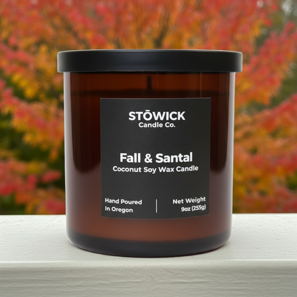 Stowick Fall & Santal candle with a blurred autumn leaf background