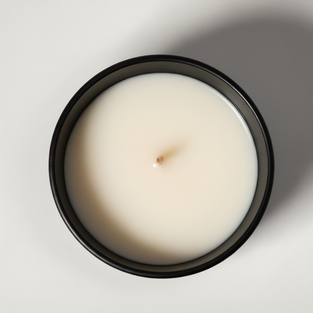 White candle in a black container on a light gray background