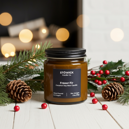 Stowick candle with Christmas decorations on a wooden surface