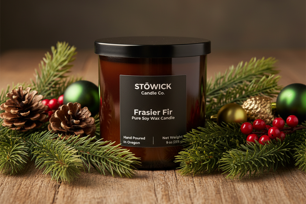 Fraser for tumbler candle on a wood surface next to Christmas decor 